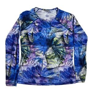 Athleta Rash Guard Swim Top M Blue Tropical Fitted Performance Long Sleeve